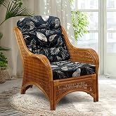 Wickerix Jam Lounge Living Accent Armchair Natural Rattan Wicker Handmade Design Colonial Color with Black Leaf Cushion