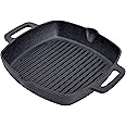 Bruntmor 10 Inch Square Cast Iron Grill Pan Steak Pan Pre Seasoned Grill Pan with Easy Grease Drain Spout, with Large Loop Handles for Grilling Bacon, Steak, and Meats