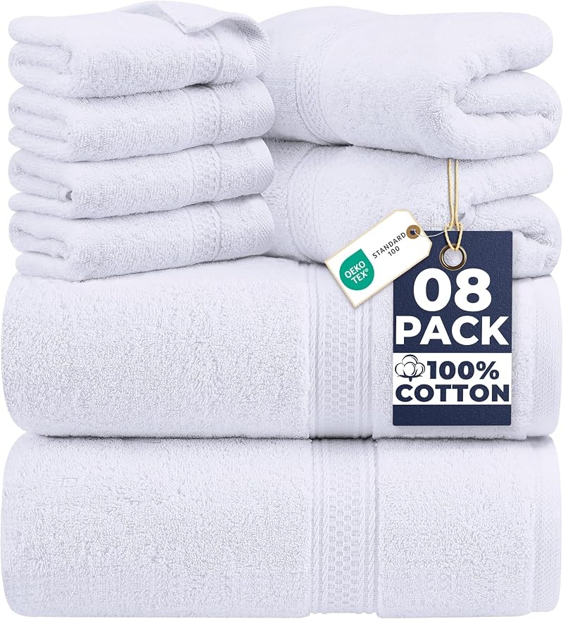 Utopia Towels 8 Piece Towel Set White 100% Cotton Hotel Quality