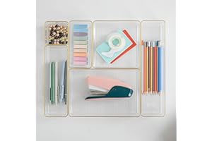 Martha Stewart Kerry Plastic Stackable Office Desk Drawer Organizers, Set of 6, with Gold Trim