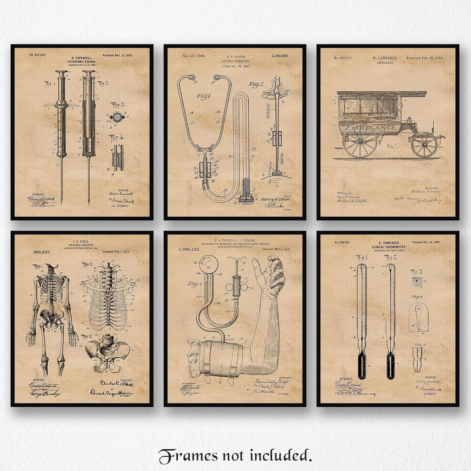 Original Medicine Patent Poster Prints, Set of 6 (8x10) Unframed Photos, Wall Art Decor Gifts Under 20 for Home, Office, Garage, Man Cave, Doctor, College Student, Teacher, Nurse, Technician & ER Fan