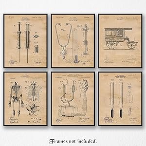 Original Medicine Patent Poster Prints, Set of 6 (8x10) Unframed Photos, Wall Art Decor Gifts Under 20 for Home, Office, Garage, Man Cave, Doctor, College Student, Teacher, Nurse, Technician & ER Fan