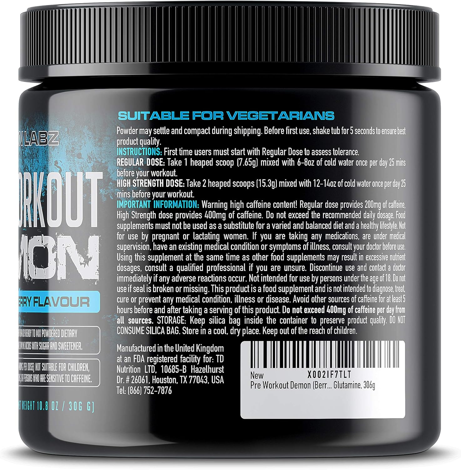 Pre Workout Demon (Blue Raspberry Flavour) - Hardcore Pre-Workout Supplement with Creatine, Caffeine, Beta-Alanine and Glutamine, 40 Servings: Health & Personal Care