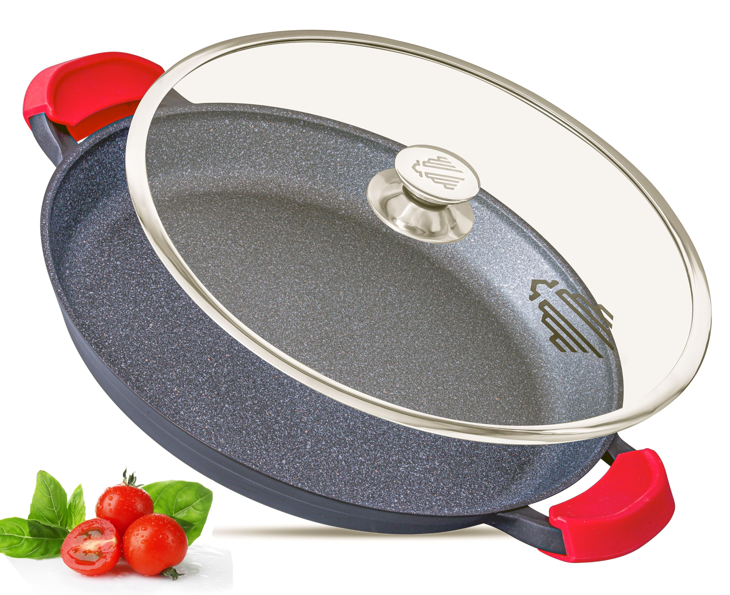 Paella Pan with Lid 36cm Black, Large Deep Frying Pan, Non Stick Scratch Resistant, PFOA & PTFE Free, Induction & Oven Safe, Heavy Duty Aluminium, Serves 5–6