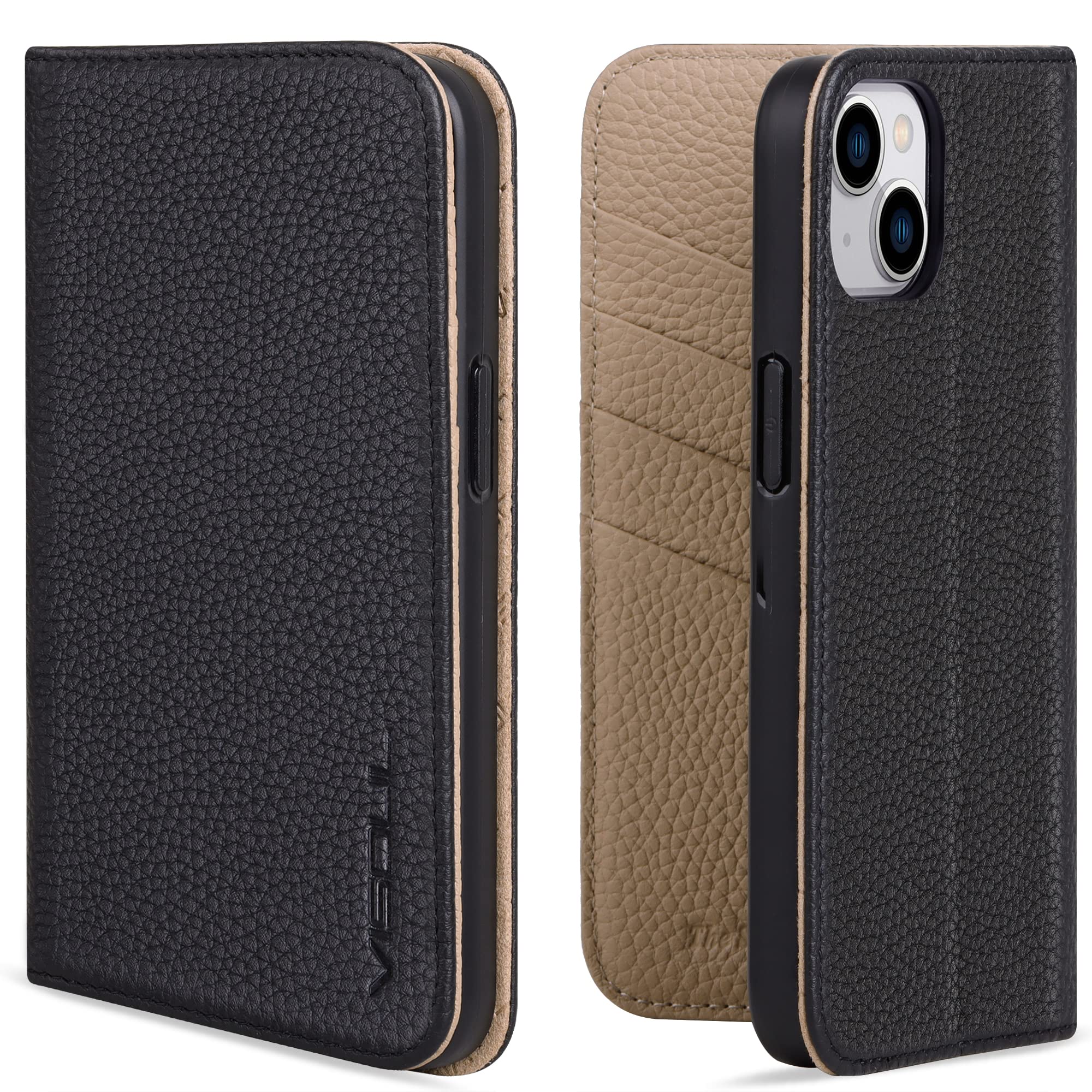 VISOUL Leather Case for iPhone 14 Plus,Genuine Leather Magnetic Close Flip Folio Wallet Cover With Card Slots Kickstand Book Shockproof TPU Inner Shell for Protective iPhone 14 Plus Case Grey L
