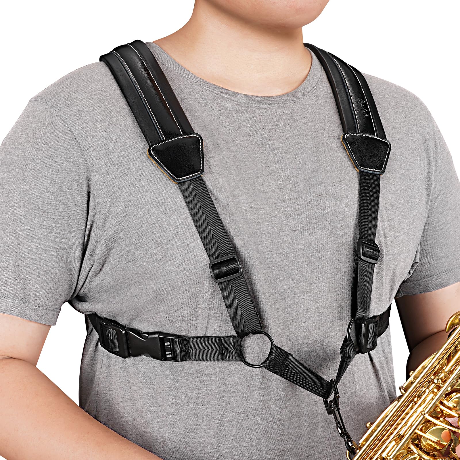 POGOLAB Saxophone Strap, Saxophone Harness Shoulder Strap, Soft Leather Saxholder with Metal Hook, Adjustable Universal Sax Woodwind Straps Supports for Sax Alto Baritone Tenor