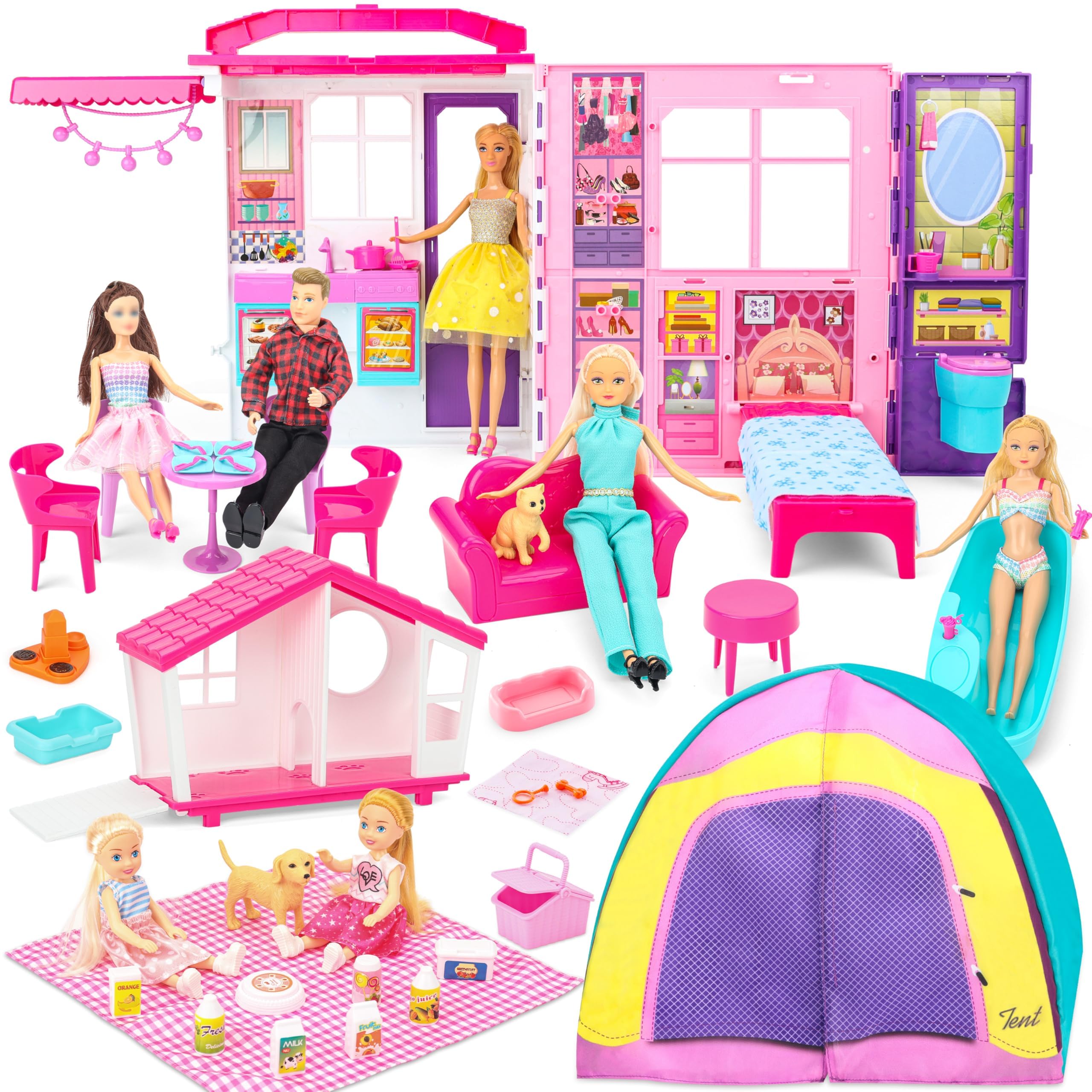 Large 6-in-1 Foldable Dollhouse Playset – 60+ Furniture and Accessories, 2 Small Dolls, Pet House & Camping Set – Portable Travel Playhouse Suitcase – Fits 29 cm Fashion Dolls (Not Included)
