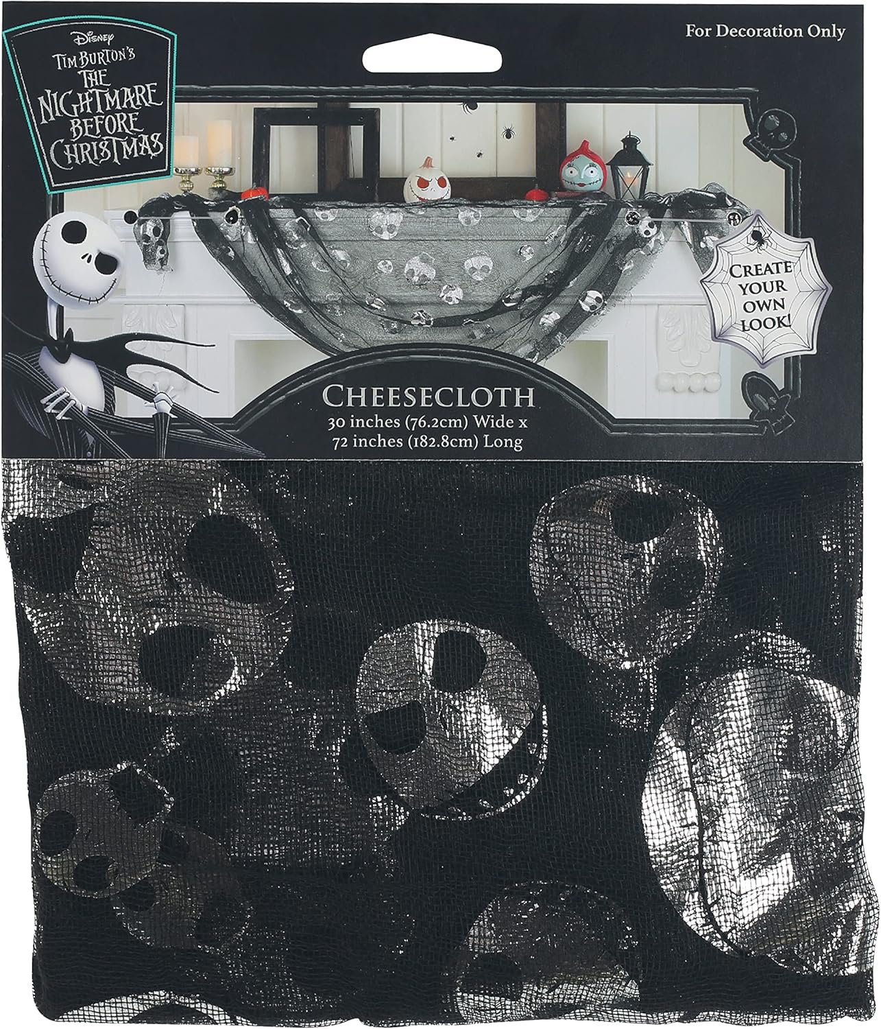 Artificial Snow - Seasons Disney The Nightmare Before Christmas Jack Skellington Cheesecloth Decorative Fabric, 6 ft x 1.5 ft,Black and Silver