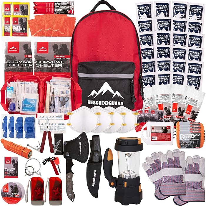 Rescue Guard; First Aid Kit, Hurricane Kit, Disaster Kit or Earthquake Kit; Emergency Survival Kit, Bug Out Bag Supplies, Survival Gear for 12 Days, 6 Days for 2, 72 Hours 4 People (Survival Pack)