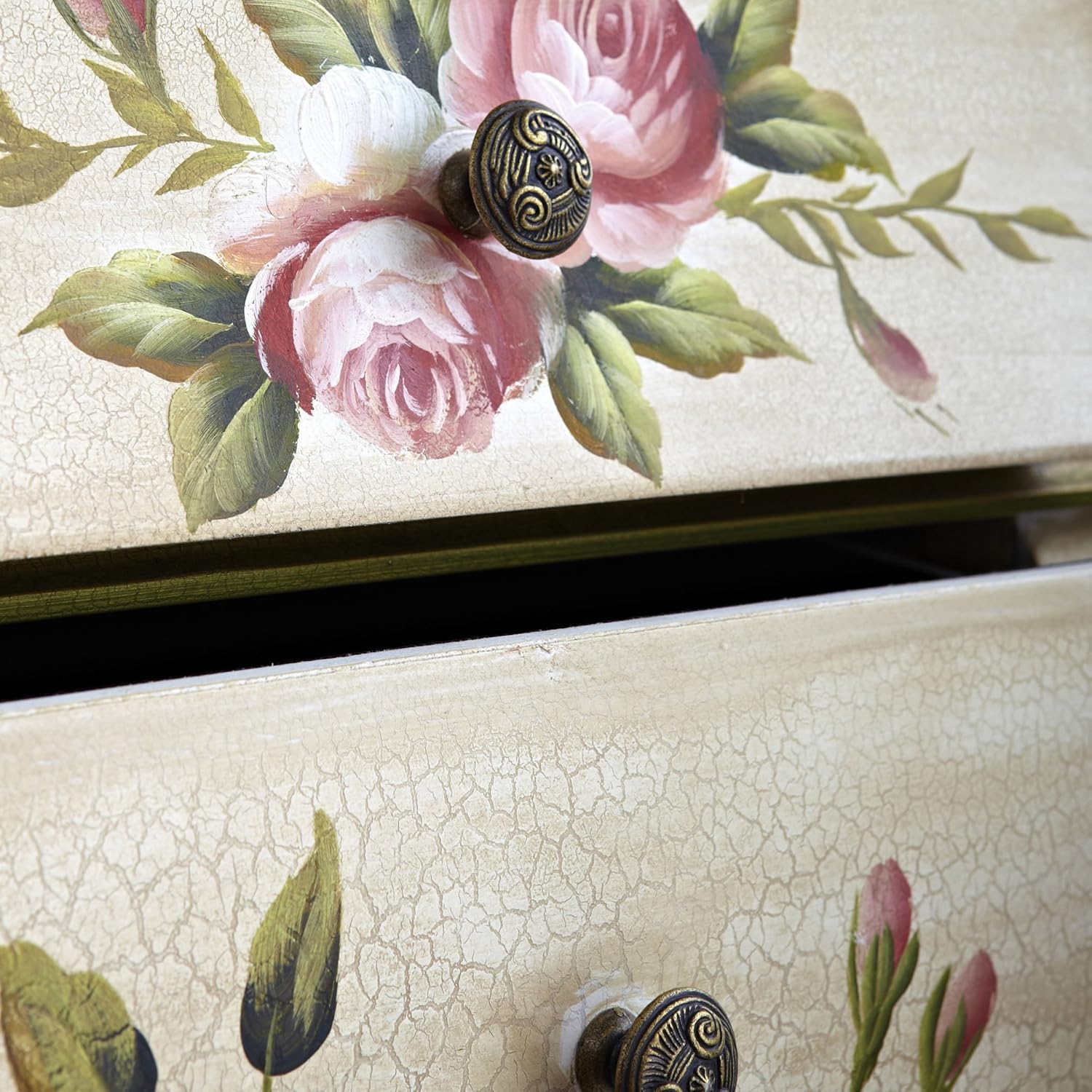 Nearly Natural Antique Night Stand w/Floral Art Nightstand, Beige/Pink/Gold,23" x 14.5" x 34.5": Furniture & Decor