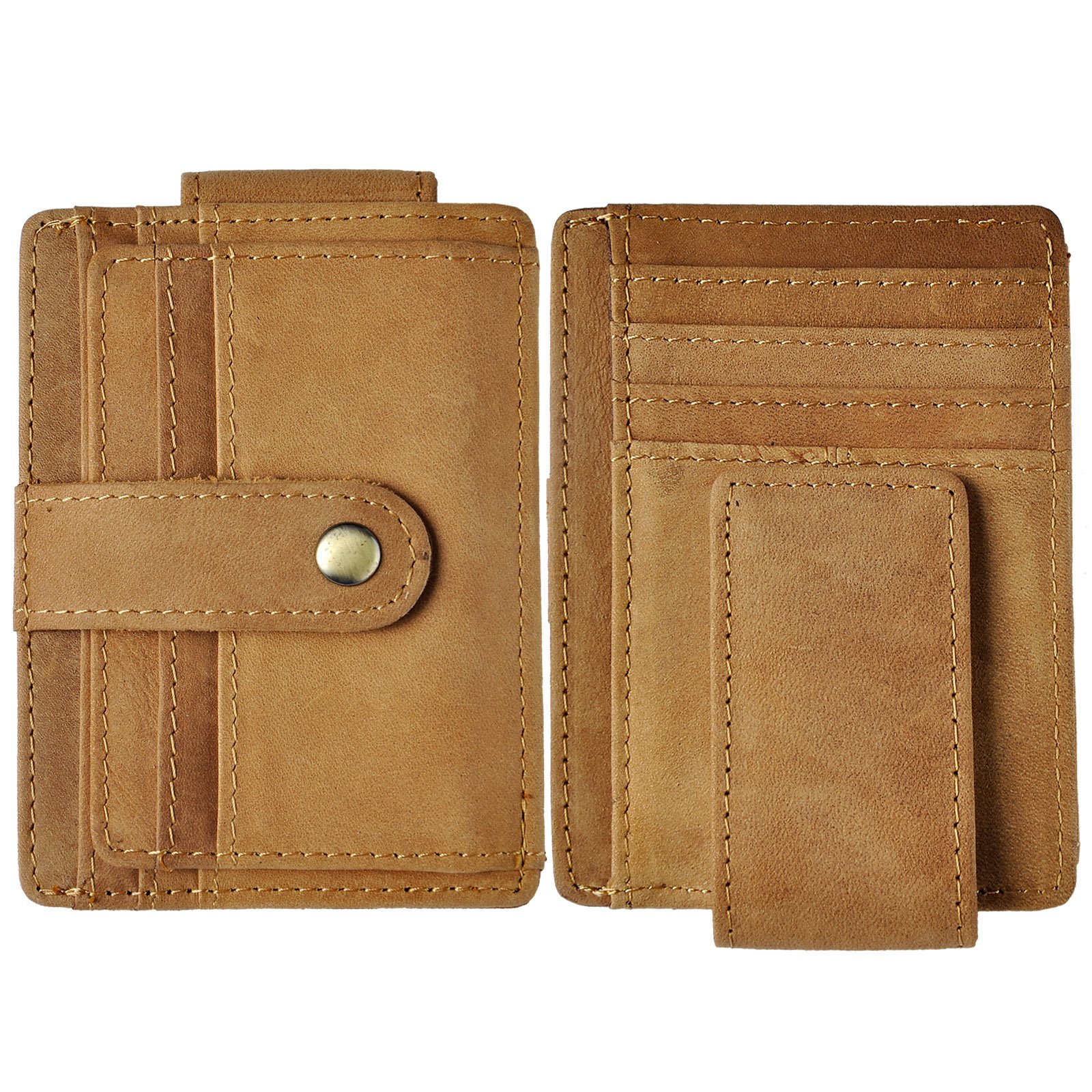 Le'aokuu Mens Genuine Leather Cowhide Magnet Money Clip Credit Case Case Holder Slim Wallet 1025 (W1025 Light Brown)