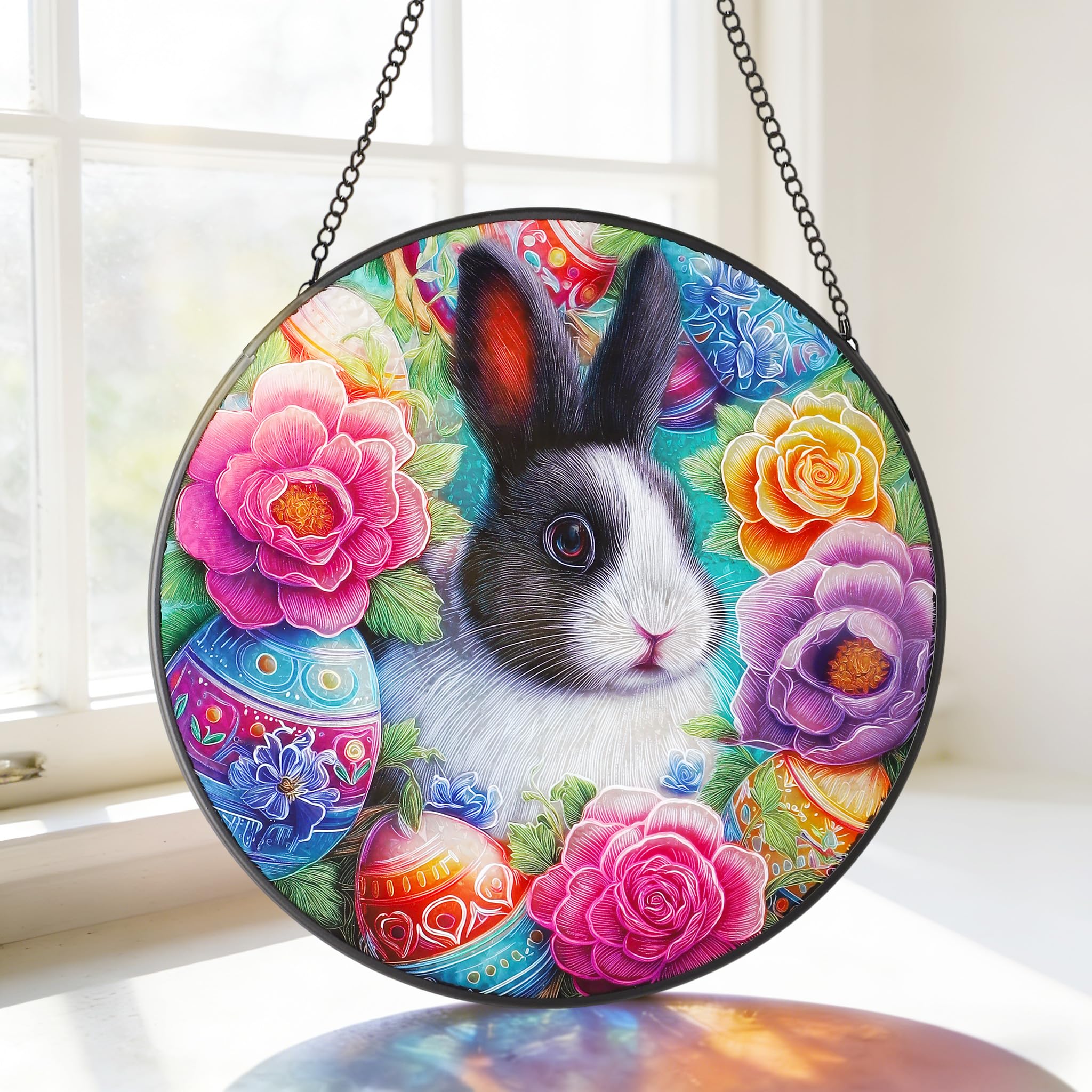 MEIYUDA Stained Glass Window Hanging Suncatcher, Easter Bunny Eggs Double Side Glass Panel Sun Catchers for Windows, Handmade Decor Ornaments Birthday Gifts for Women, Mom, Couples and Lovers 20x20cm