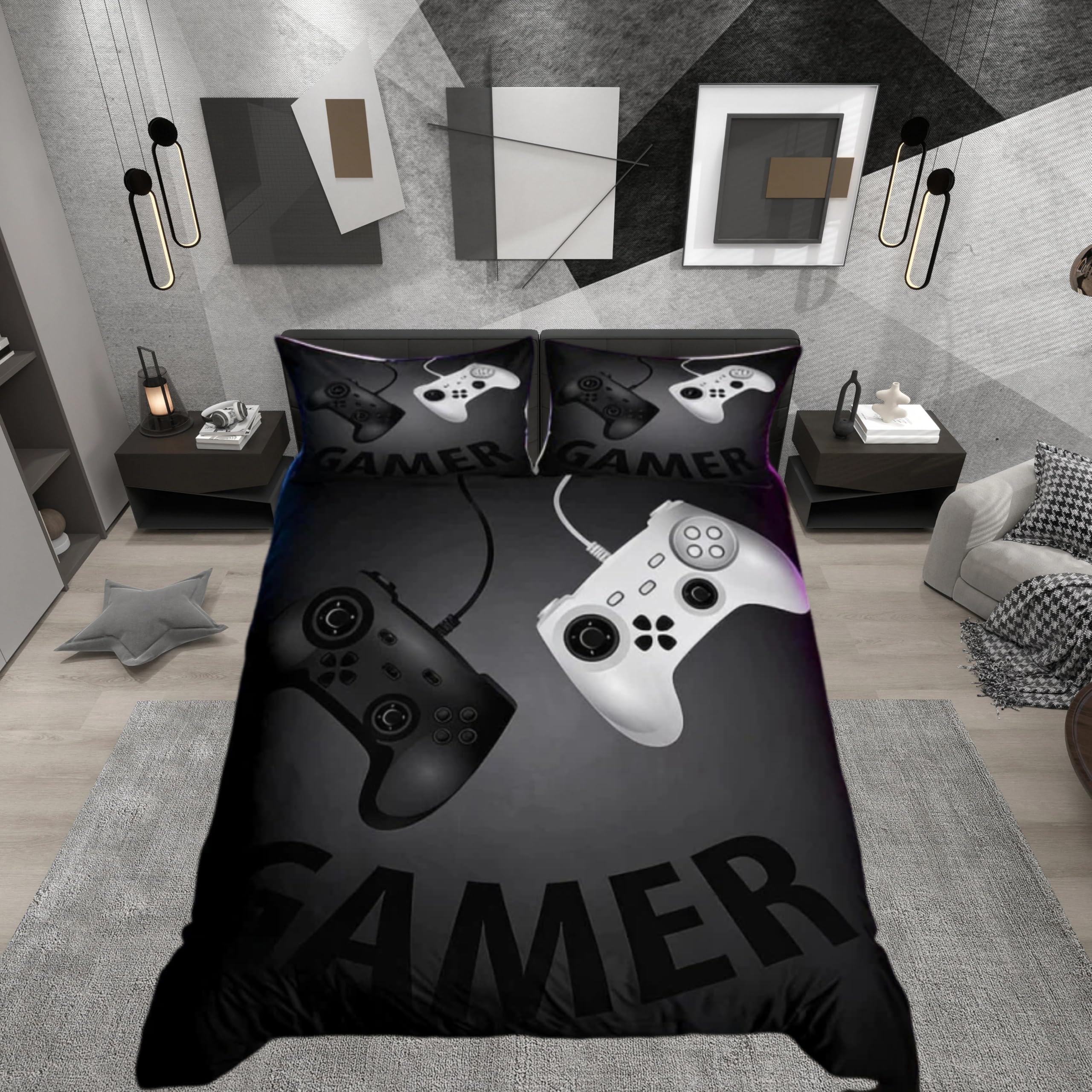 Loussiesd Gaming Bedding for Boys Kids Cartoon Video Game Gamepad Duvet Cover Set Child Youth Graffiti Style Bedding Set Boys Double Bedding Sets Gamer Bedding Cover,3Pcs Gamer Pillow