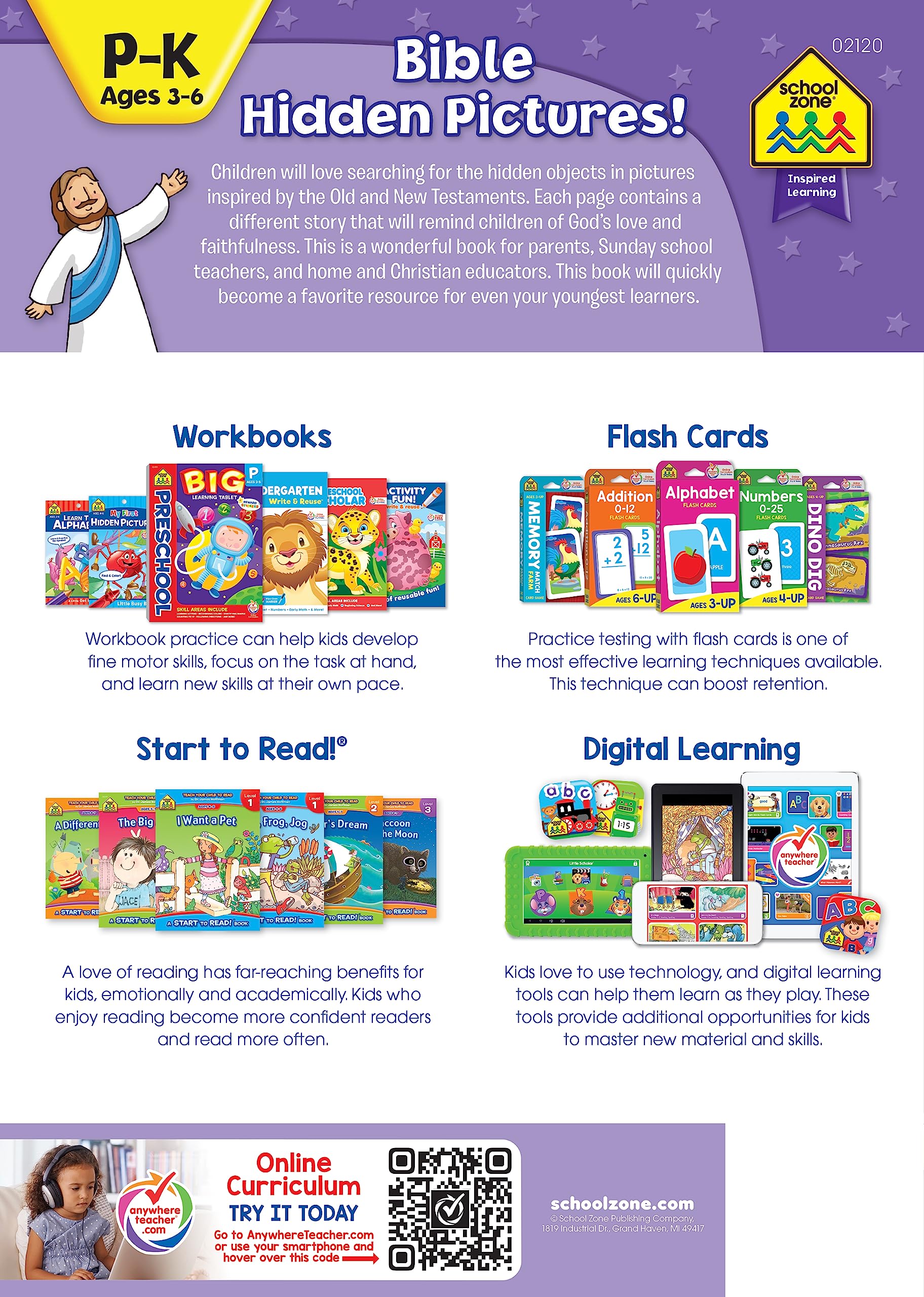 School Zone Bible Hidden Pictures! Workbook: 32 Pages, Preschool, Kindergarten, Christian Scripture, Old & New Testament, Search & Find, Picture Puzzles, Ages 4 to 6