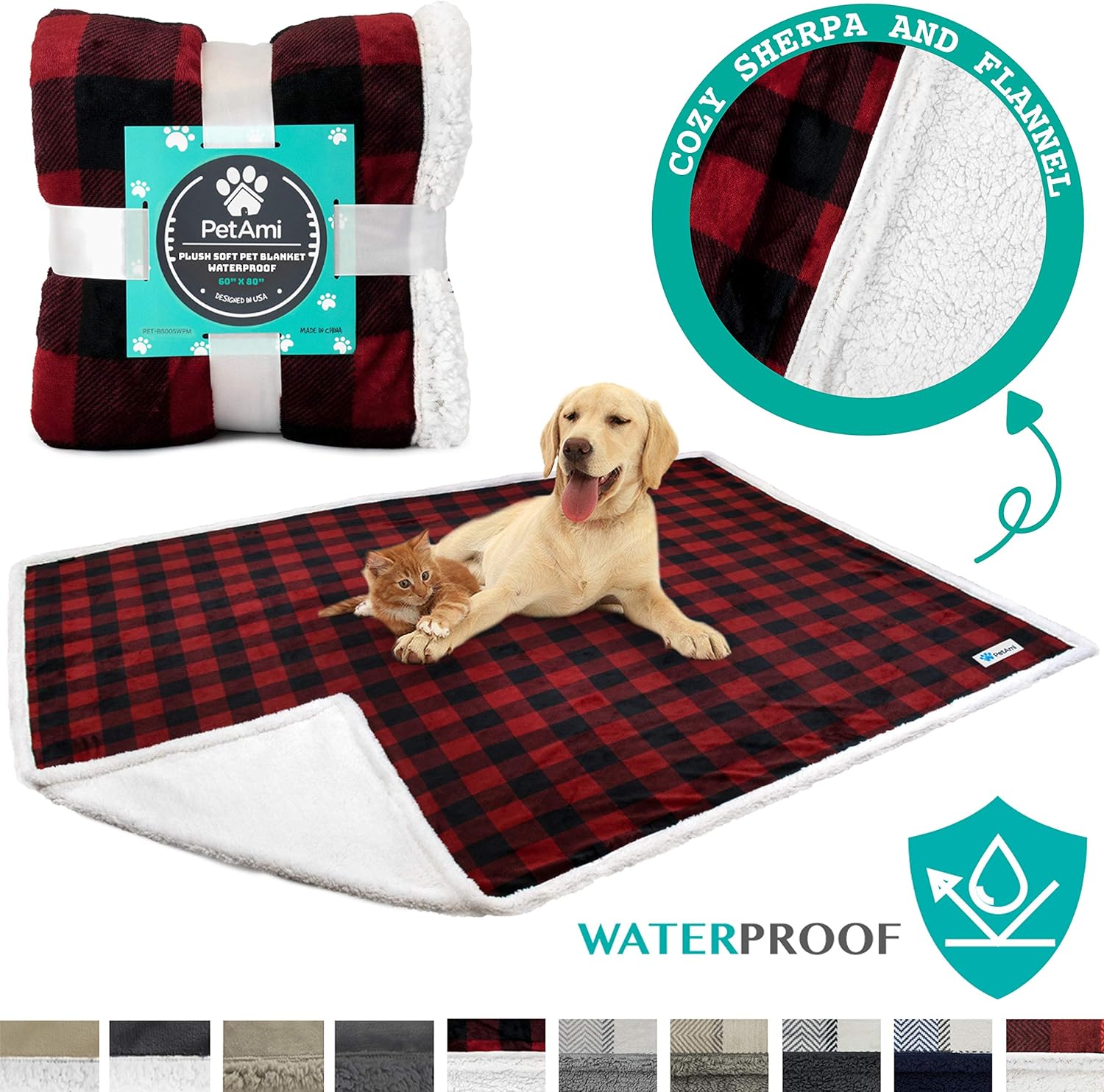 PetAmi Waterproof Dog Blanket for Bed, Couch, Sofa | Waterproof Dog Bed Cover for Large Dogs | Sherpa Fleece Pet Blanket Furniture Protector | Reversible Microfiber | 80 x 60 (Checkered Red) : Pet Supplies