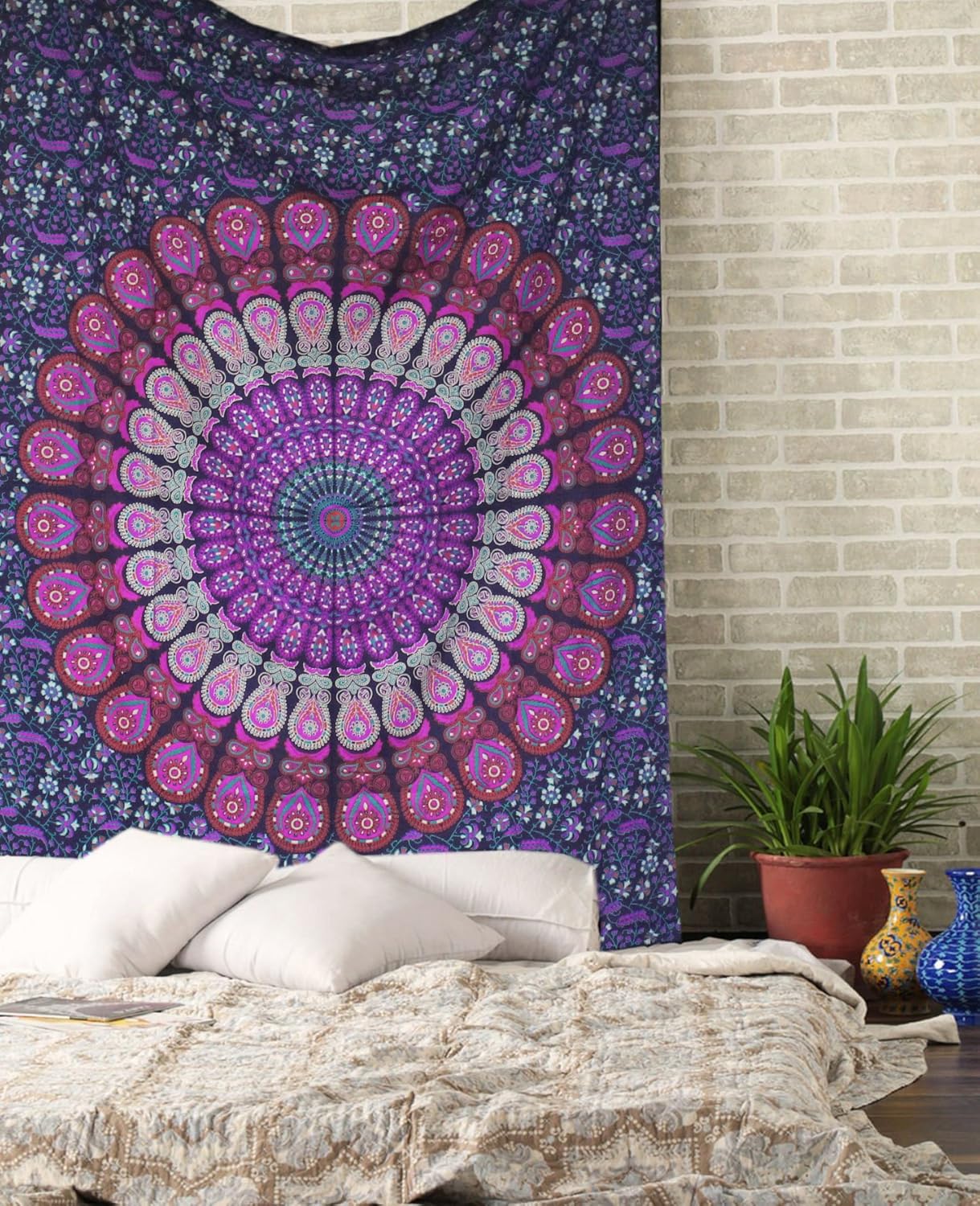 raajsee Indian Cotton Purple Tapestry Mandala Wall Hangings, Boho Throw Bohemian Bedding Queen Bedspread 140X210 CMS - Image 5
