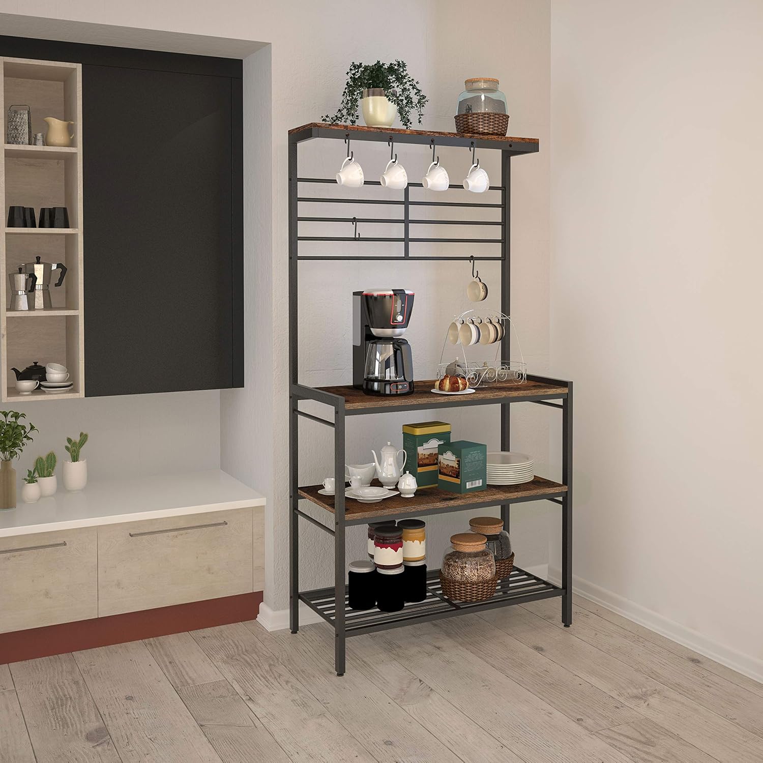 HOOBRO Kitchen Baker's Rack, Kitchen Microwave Oven Stand with High Display Shelf, 2 Wood Shelves and Mesh Panel, Kitchen Island Rack with 6 Hooks, Adjustable Feet, Metal Frame, Rustic Brown BF01HB01 - Standing Baker's Racks