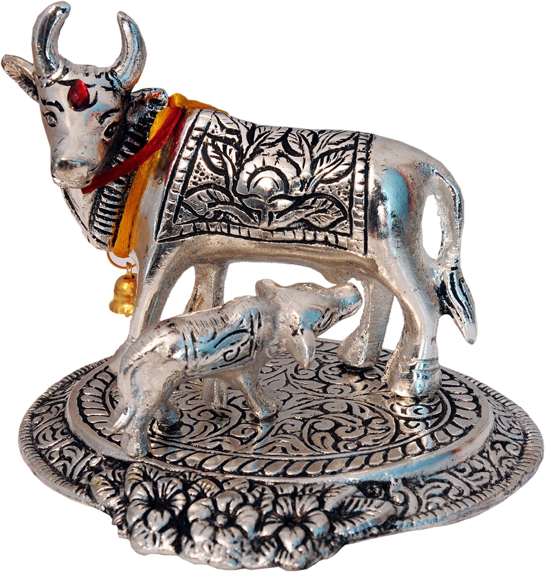 Nexplora Industries Pvt. Ltd. Metal Cow and Calf Idol Kamdhenu Showpiece, Silver, 10 cm Tall, 1 Piece