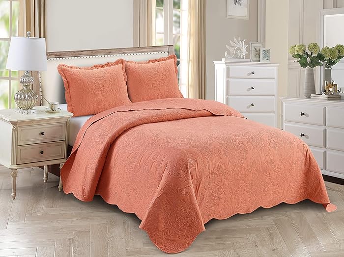Home Collection 3pc King/Cal King Over Size Elegant Embossed Bedspread Set Light Weight Solid Coral New