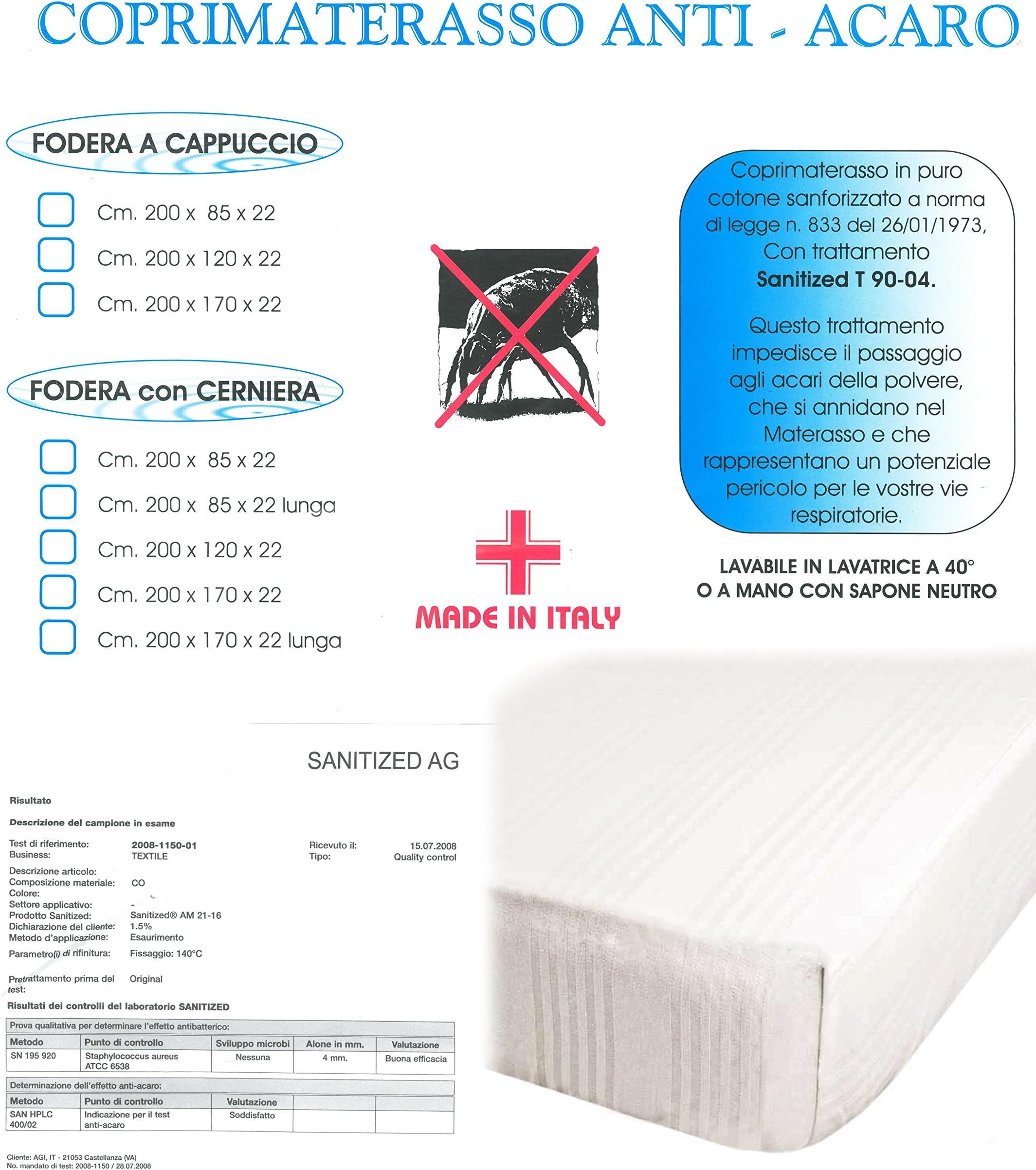 Euroricami Viterbo Anti-Dust Mite Mattress Cover with Corners 1 Piazza and a half Crossbar Pure Cotton 1 Piazza 1/2