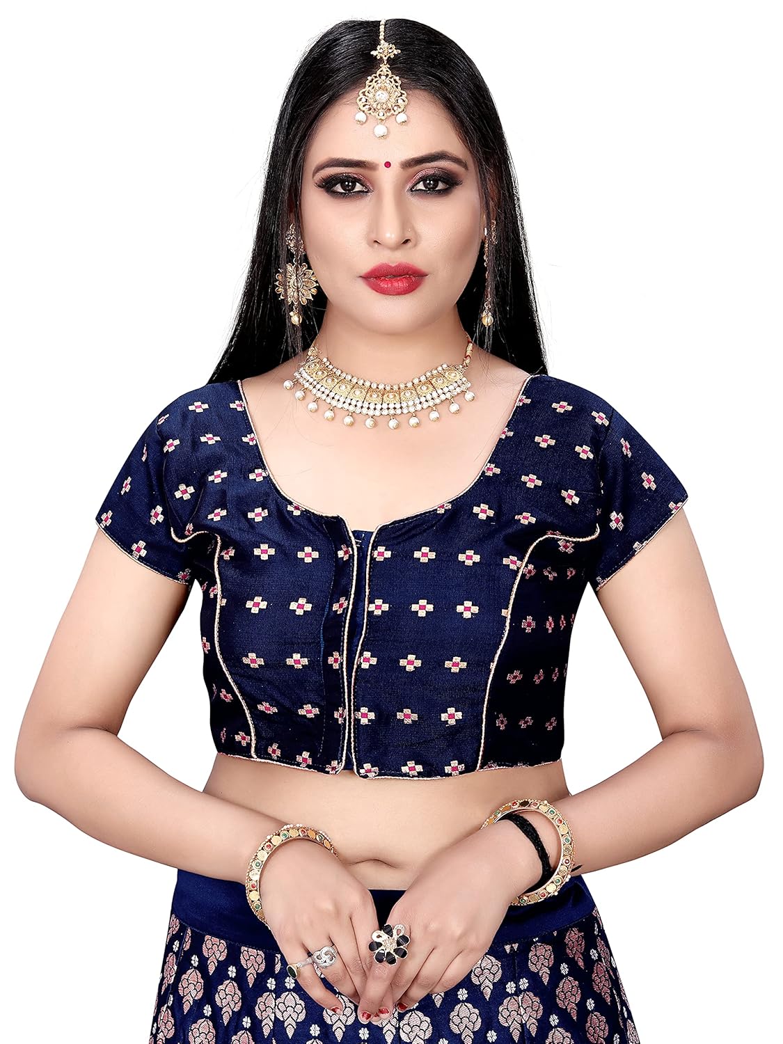Buy Kulu Womens Navy Blue Color Satin, Inner Cotton Printed Blouse