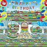 Transportation Birthday Party Decorations - Transportation Party Supplies, Plates Cups Napkins Tablecloth Happy Birthday Backdrop Balloon Cake Toppers for Truck Cars Construction Party Supplies