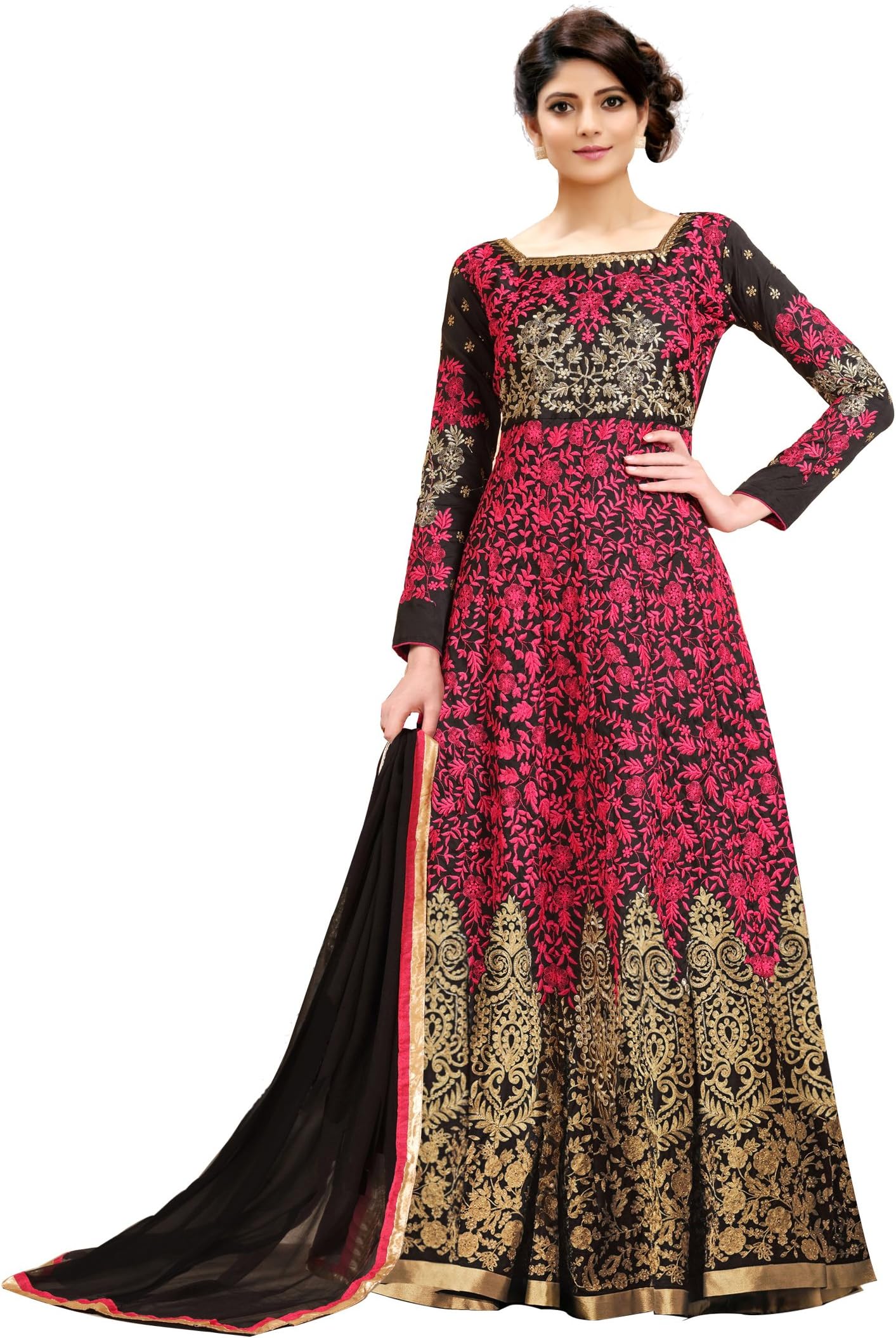 Siddeshwary FabWomen's Taffeta Silk Anarkali Gown Dress Material (Pink Free Size_semi stitched)