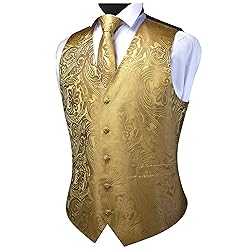 GUSLESON Mens Gold Paisley Suit Vest Tie and Bow