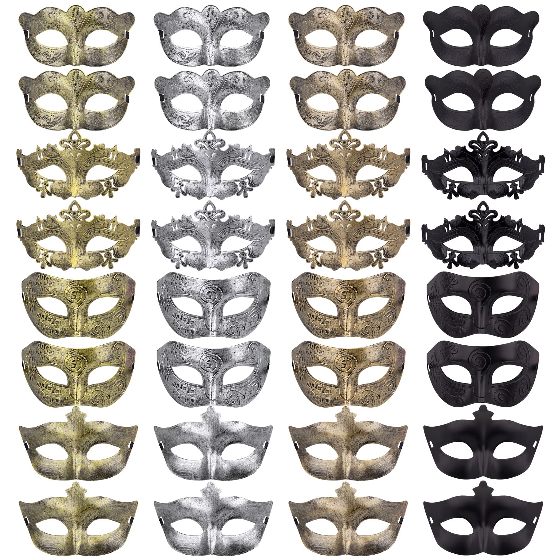 FEQO 32 Pieces Masquerade Masks Vintage Antique Mask Couple Venetian Masks for Halloween Carnivals Masquerade Party, 4 Colours (Dancer, Prince, Princess, Peri)