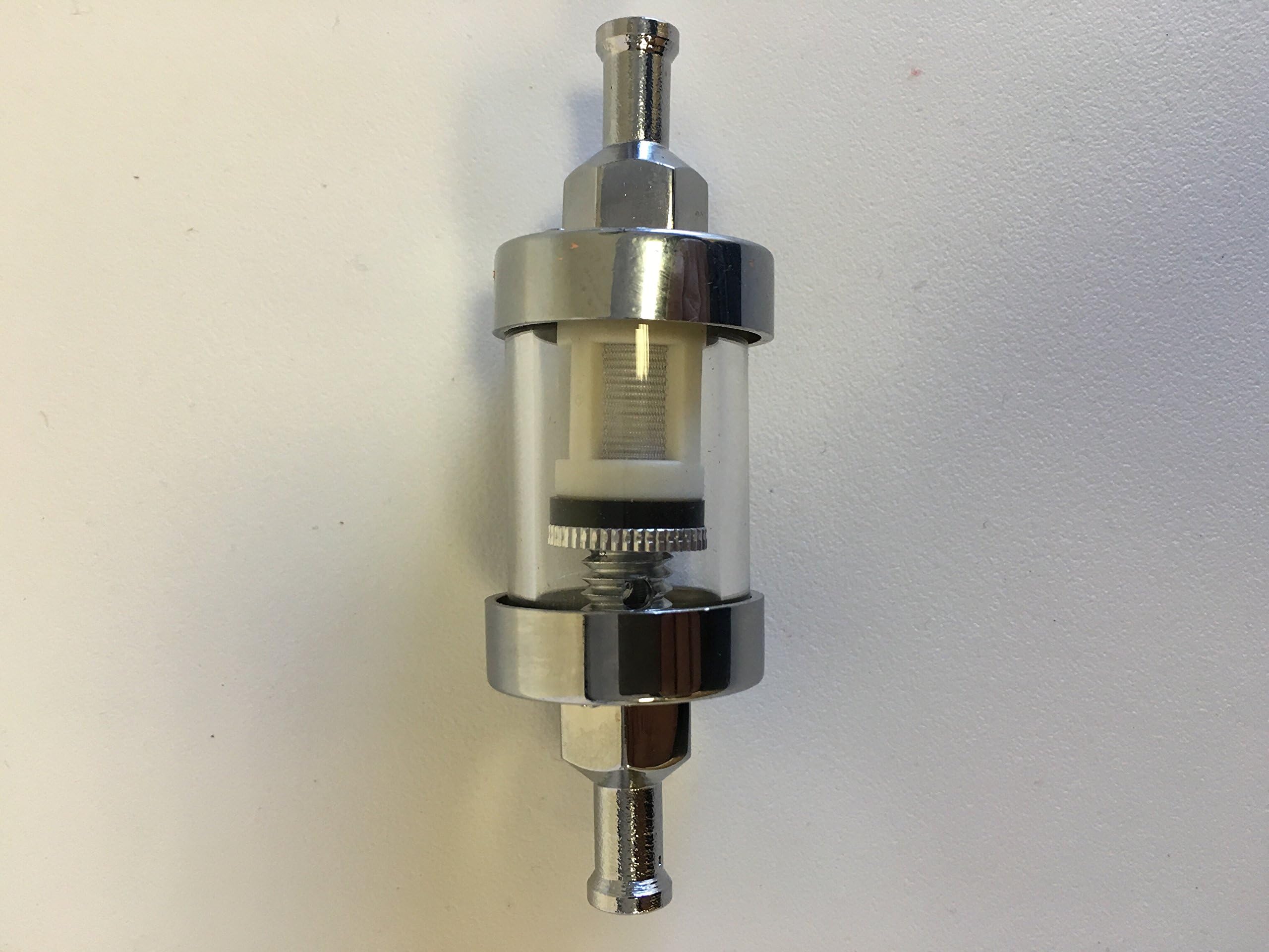 Cleanable Fuel Filter Universal Chrome and Glass 1/4 Barb Car, Motorcycle, Tractor, Quad, Snowmobile. Search for "Gentap" in Amazon search bar to see all filter options.