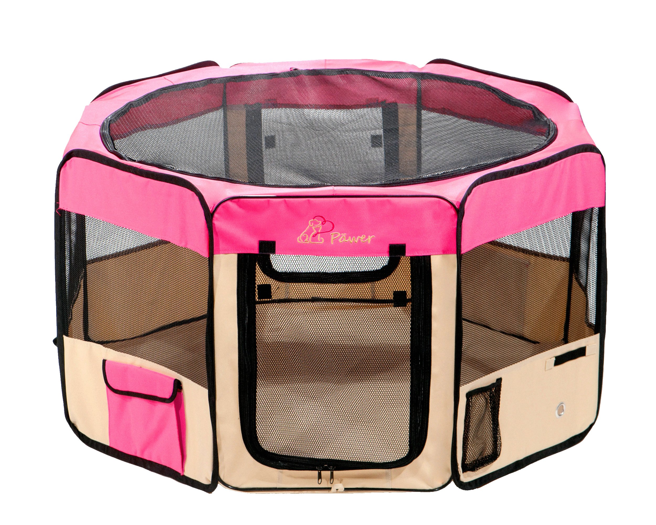 Pawer 36"×18.5" 8-Panel Foldable Pet Playpen, for Small Medium Cat/Dog/Puppy, Small Size, Hot Pink+Beige, 600D Oxford Cloth Portable Indoor & Outdoor Kennel with Carry Bag