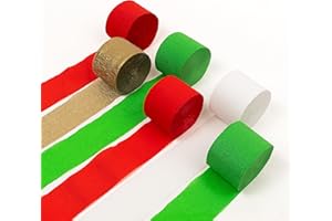HOUSE OF PARTY Crepe Paper Streamers - 6 Rolls of Red Green White and Gold Streamers 492ft (1.8 Inch x 82 Ft/Roll) Christmas Party Decorations for Office Indoor Outdoor