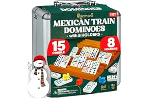 Queensell Mexican Train Dominoes Set Double 15 with 8 Holders - Wooden Hub and Tiles Holders - Double 15 with Dots (D15 + 8 Holders)