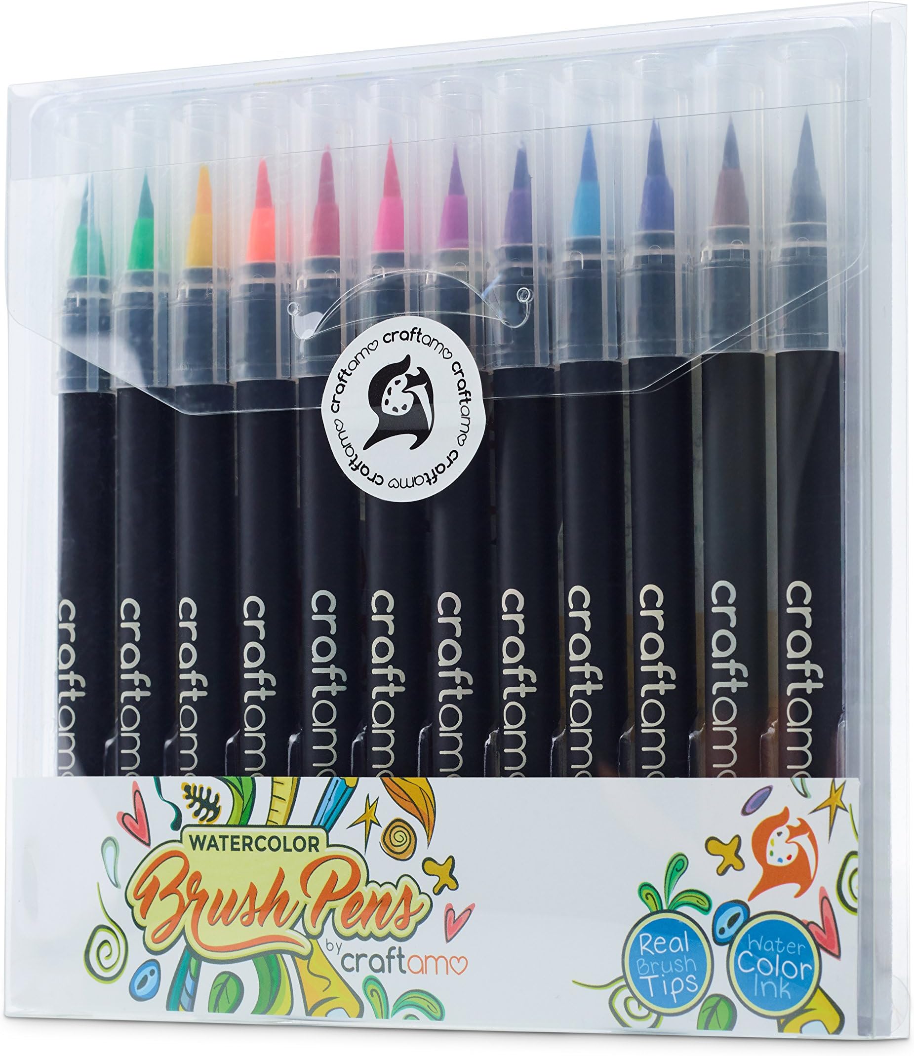 Craftamo Watercolour Brush Pens for Lettering, Painting, Colouring, Crafting & Calligraphy - 12 Premium Soft & Flexible, Real Brush Tipped Journaling Pens