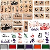 Kolldenn 22 Pcs Halloween Wooden Rubber Stamps and Craft Ink Pads Set | Mixed Patterns, Halloween DIY Cards Wooden Rubber Stamps, for Scrapbooking Card Making Gift Decor, Party Craft Projects