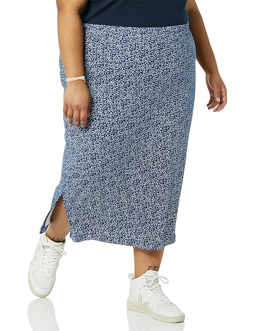 Amazon Essentials Women's Pull-On Knit Midi Skirt (Available in Plus Size), Navy Dots Print, 5X