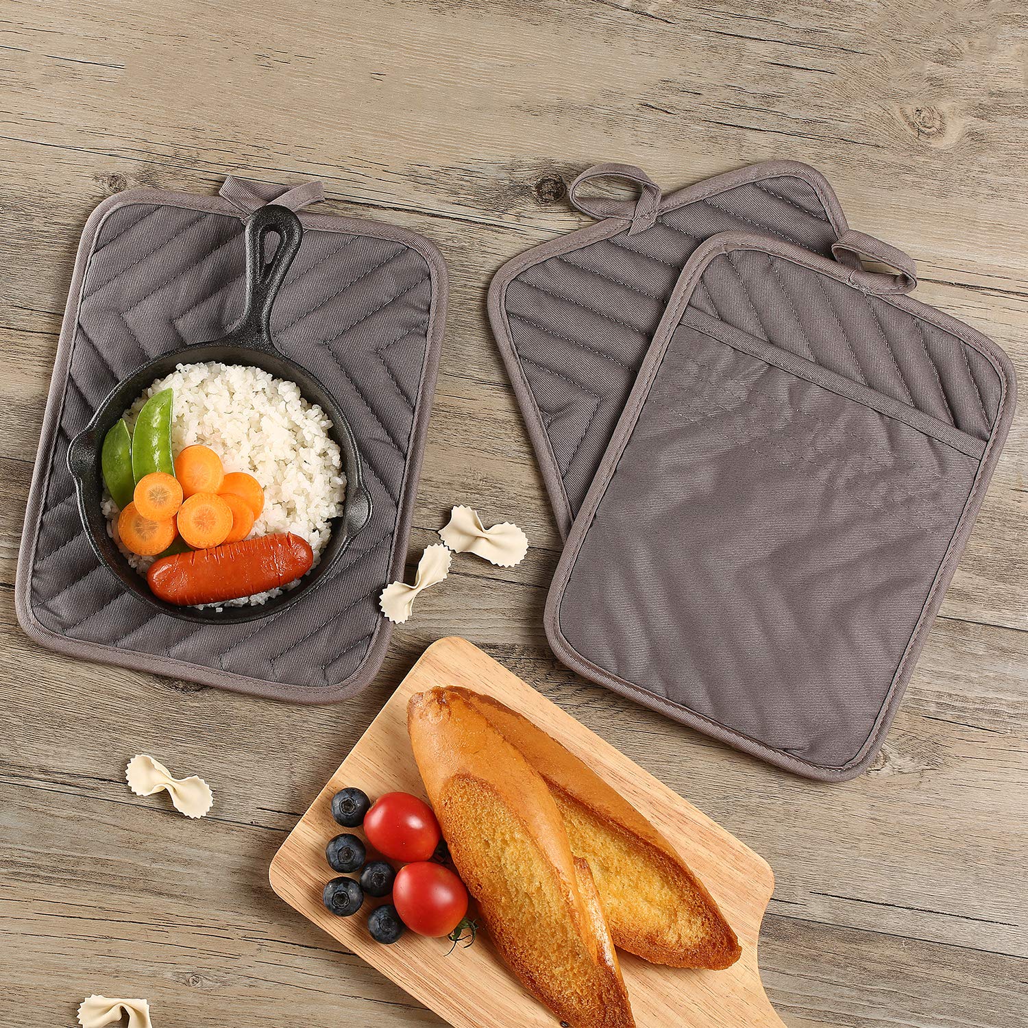 VEIKERY Oven Pot Holder with Pocket 100% Cotton Heat Resistant Coaster Potholder Kitchen Hot Pad Oven Mitts for Cooking and Baking Square Set of 3 7\