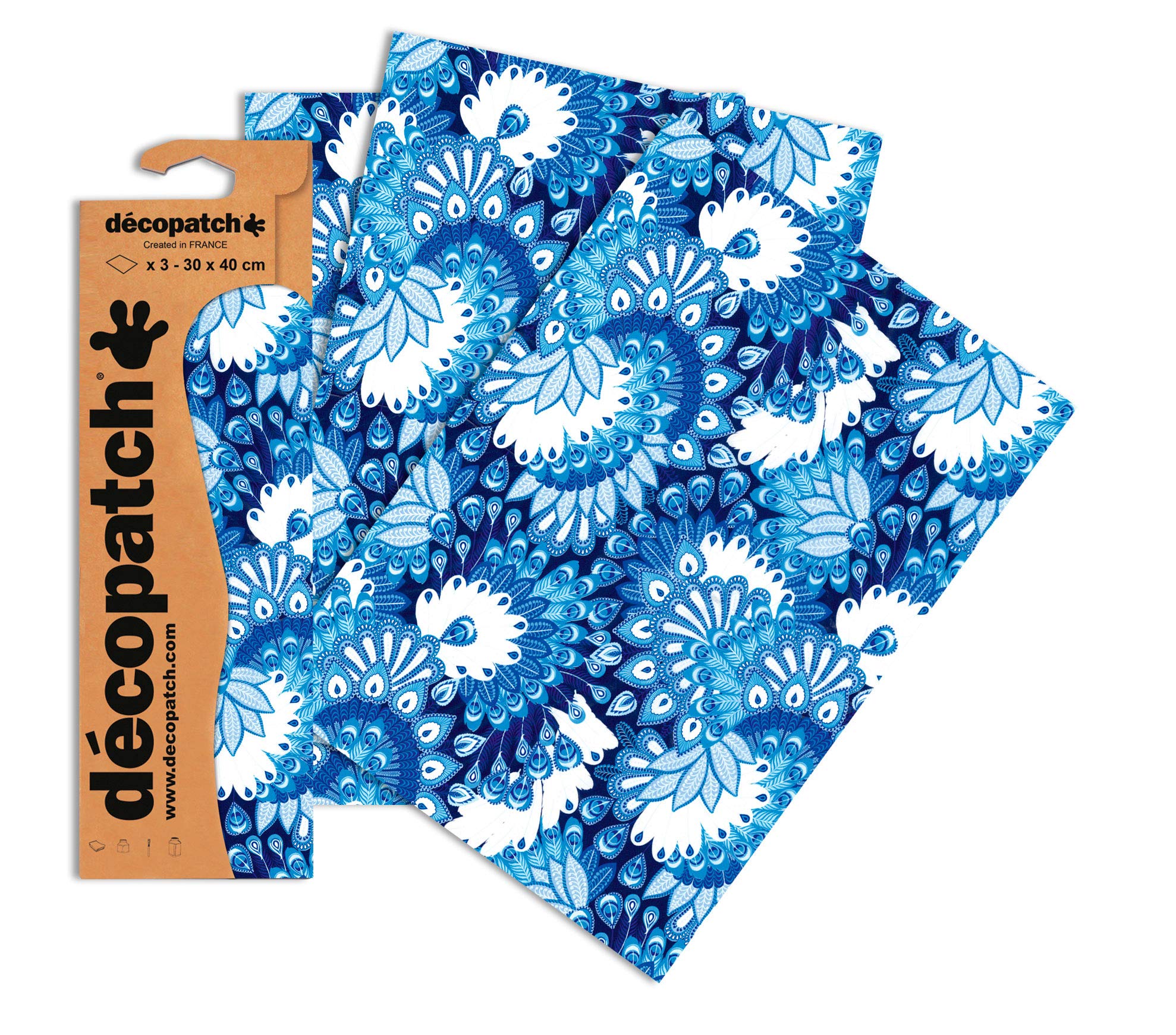 Décopatch Blue Peacock Print Paper, 30x40cm (Pack of 3 sheets)