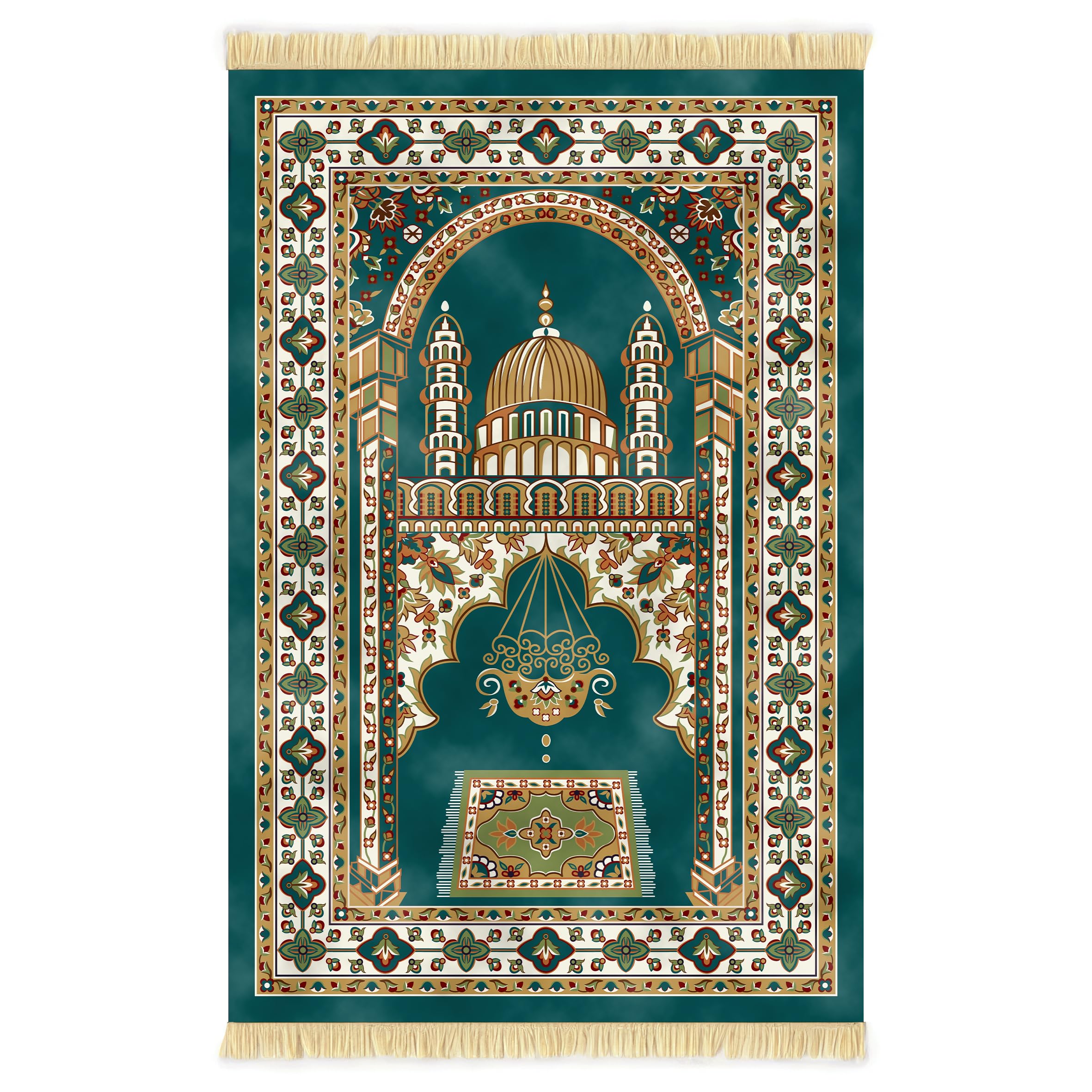Nicoman Muslim Prayer Rug with Elegant Design | Janamaz | Sajadah | Soft Islamic Carpet Mat, Thick Velvet Fabric (Green)