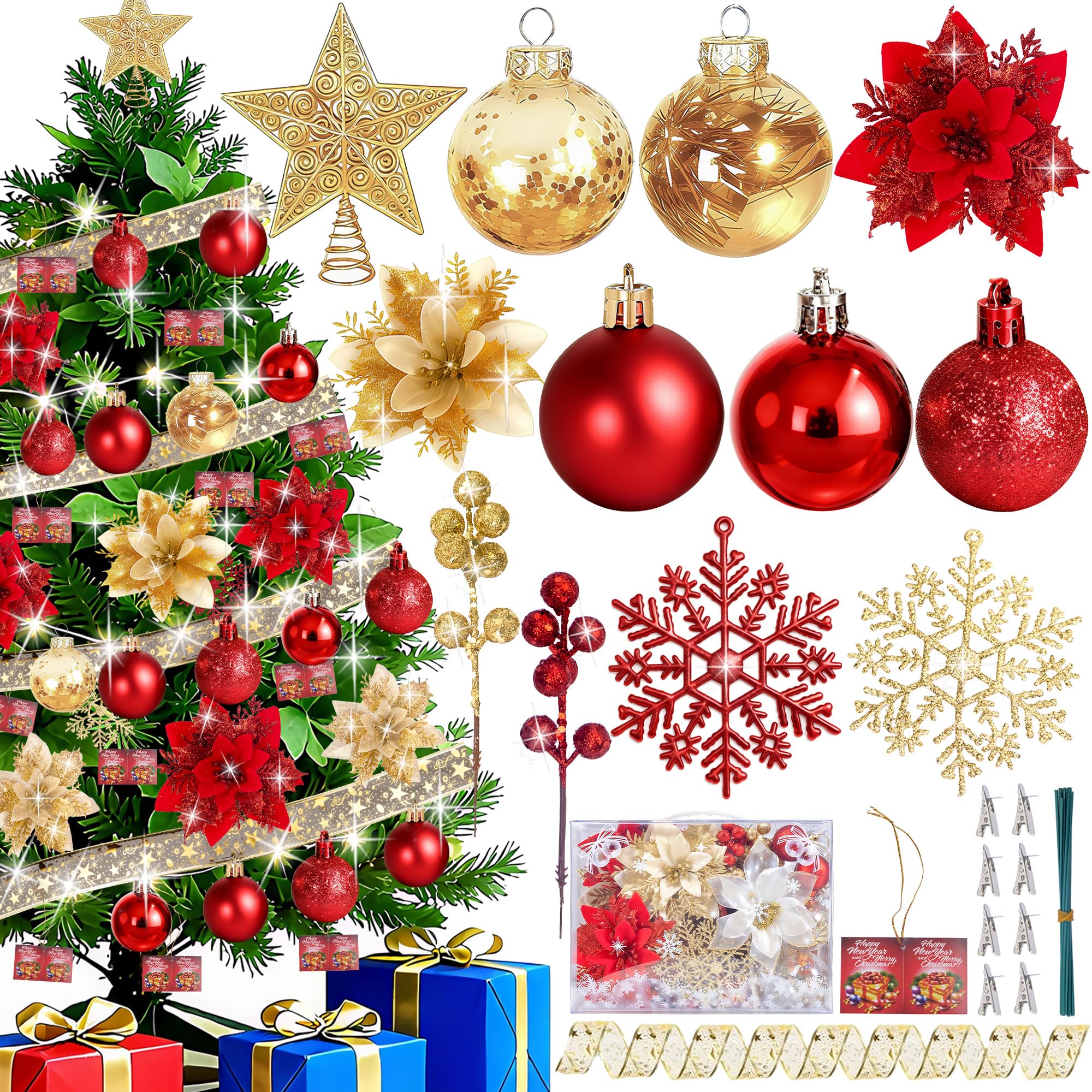 Photo 1 of 76Pcs Christmas Tree Decorations Set, Golden Red Hanging Ornaments w/Bulk Shatterproof Plastic Balls, Artificial Poinsettia Flowers, Glitter Berries Stems for Indoor Xmas Home Holiday Party Decor