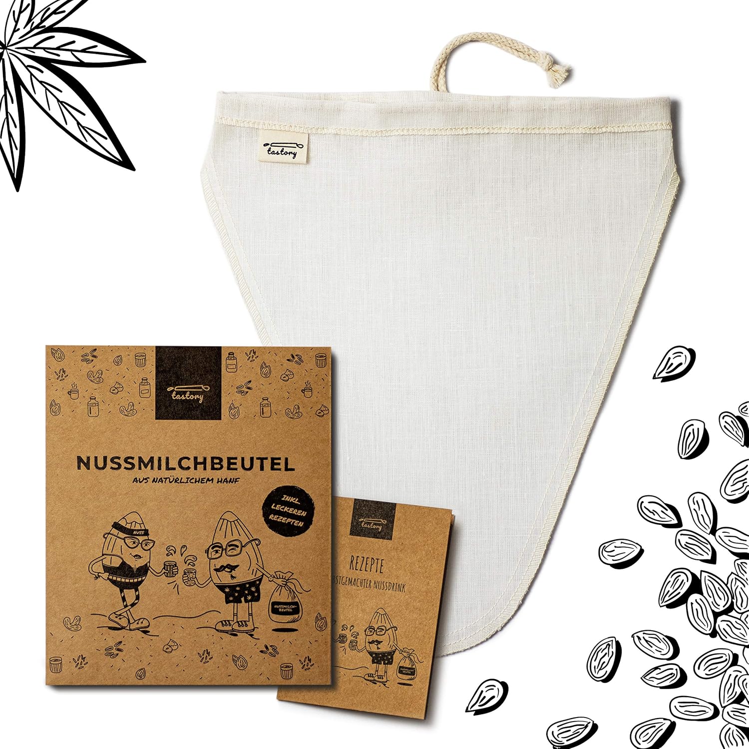 tastory - Nussmilchbeutel aus Hanf mit V-Form für Hafermilch 25 x 30 cm, Nussbeutel für Mandelmilch, Milchbeutel für Haselnussmilch, Filtertuch waschbar zur Herstellung von Bio Nussdrinks