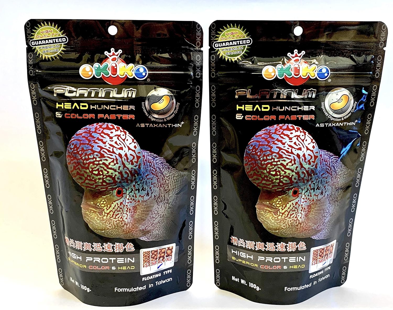 OKIKO 2X FLOWERHORN Cichlid Fish Food Platinum Head HUNCHER Color Faster HIGH Protein 3.5oz