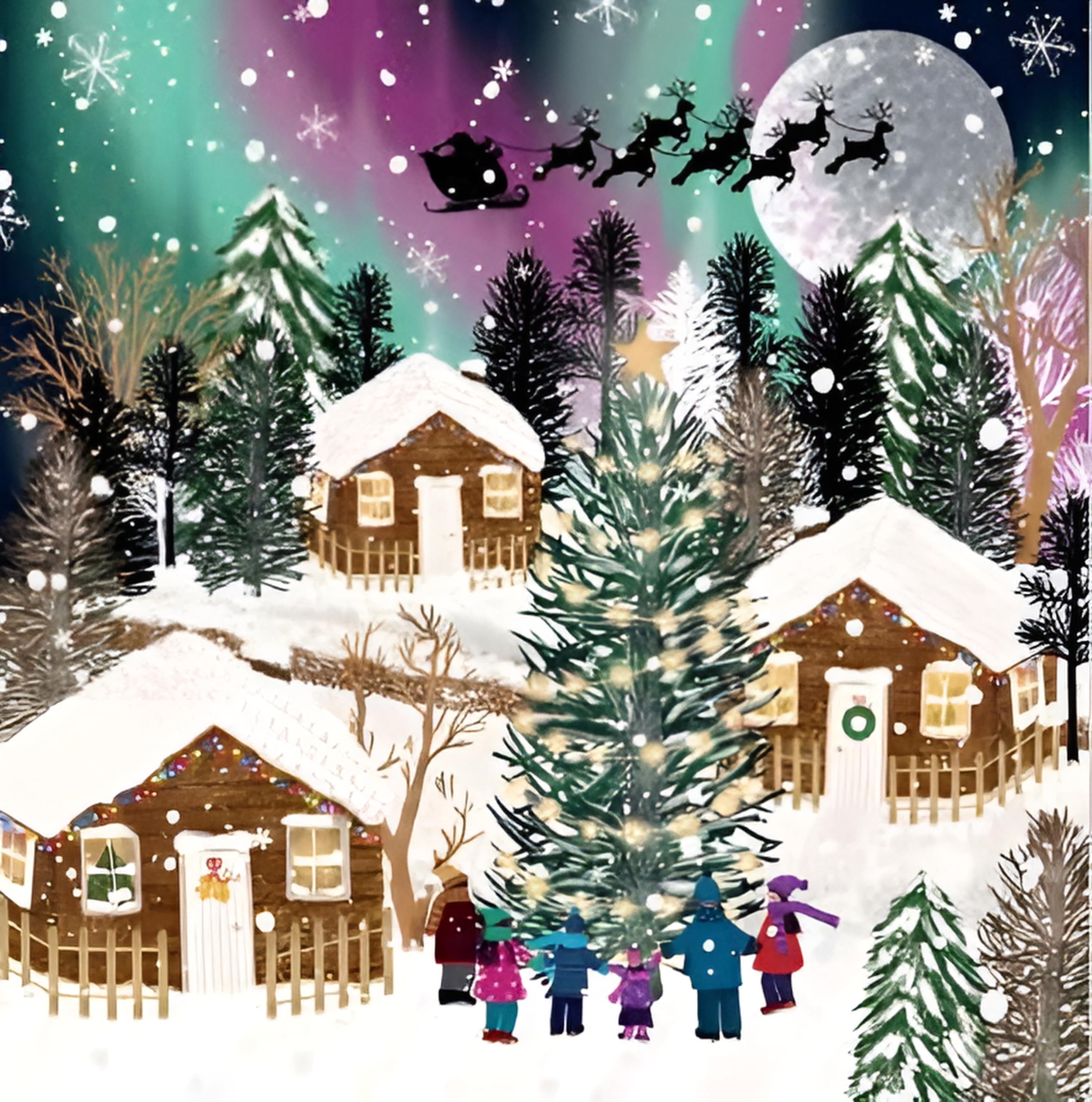 Noel Tatt Charity Christmas Cards Pack of 10 - Northern Lights and Snowy Village Scene - Festive Christmas Cards Multipack - In Aid of UK Charities