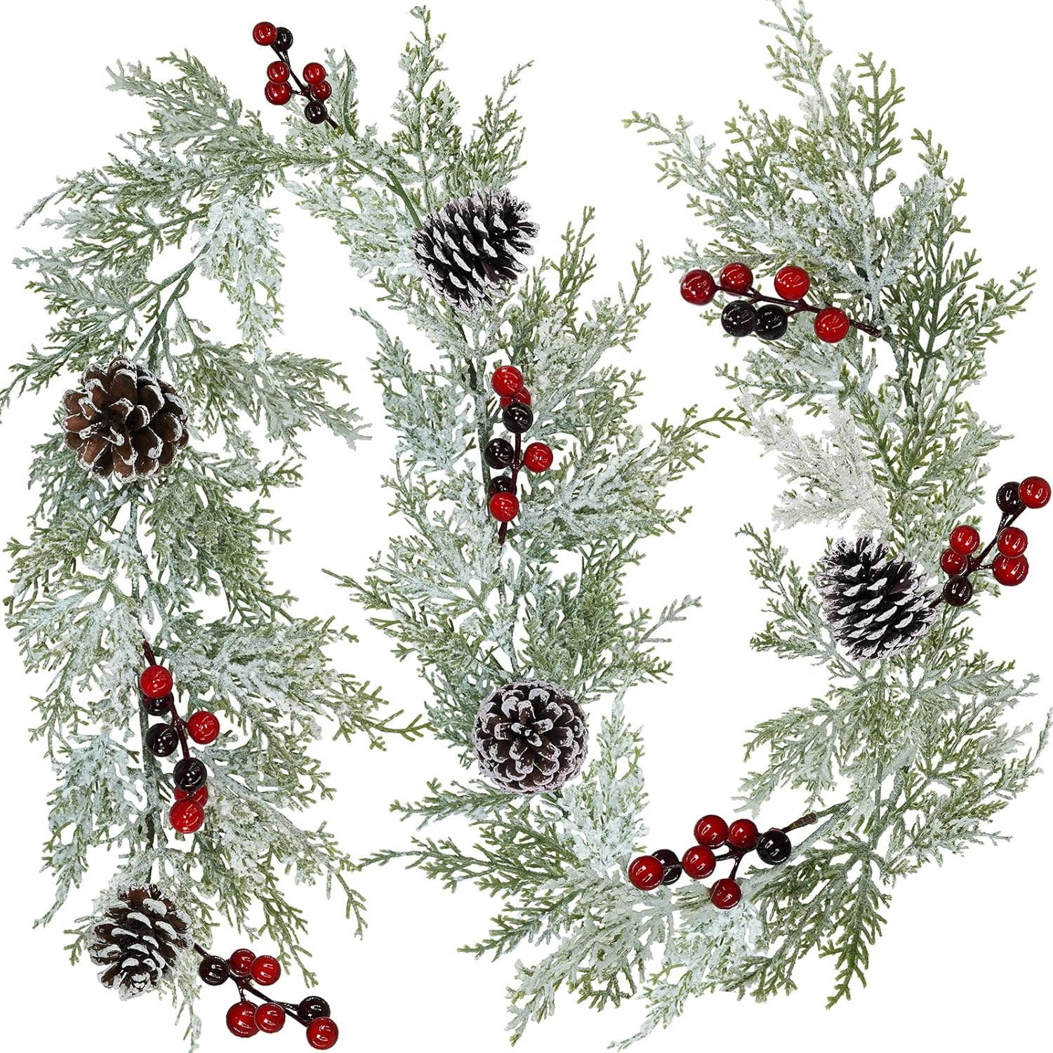 Wreaths, Garlands & Swags - Winlyn Artificial Snowy Christmas Cedar Garland with Pine Cones and Red Berries Lush Christmas Greenery Garland 6' Long Christmas Wedding Winter Holiday Table Runner Centerpiece Seasonal Decoration