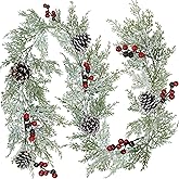 Winlyn Artificial Snowy Christmas Cedar Garland with Pine Cones and Red Berries Lush Christmas Greenery Garland 6' Long Christmas Wedding Winter Holiday Table Runner Centerpiece Seasonal Decoration