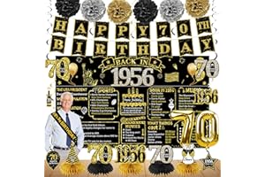 Zirtorei 70th Birthday Decorations for Men Women, 21pcs the Year 1956 Banner Balloon Party Supplies, Black Gold 70 Year Old Birthday Backdrop, 70 Bday Honeycomb Centerpiece Hanging Swirls Sash Gifts