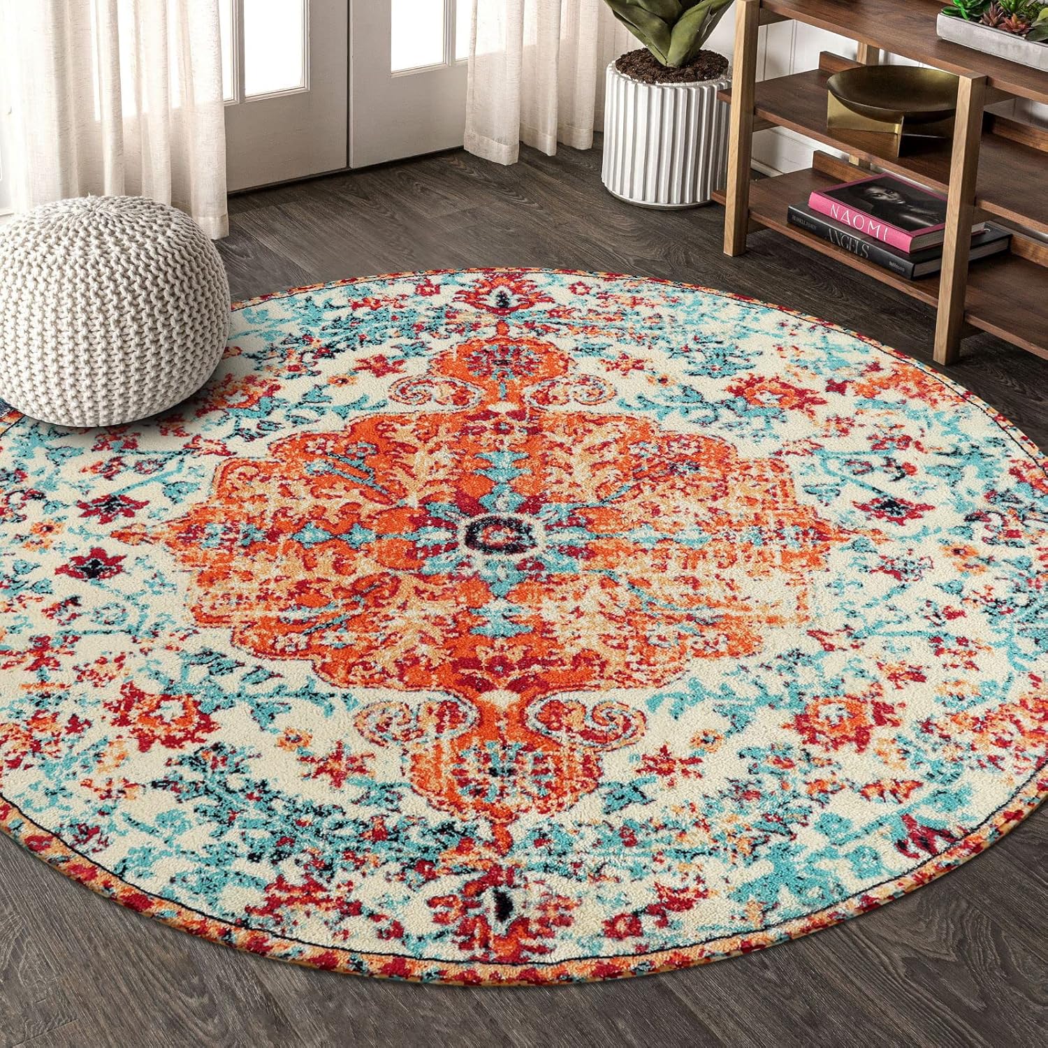 Rugs, Pads & Protectors - Lahome Bohemian Floral Medallion Round Rug - 4Ft Soft Bedroom Area Rug Oriental Distressed Washable Entryway Foyer Throw Mat Non-Slip Door Carpet for Dining Living Room Bedside Nursery, Orange/Multi
