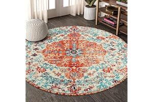 Lahome Bohemian Floral Medallion Round Rug - 4Ft Soft Bedroom Area Rug Oriental Distressed Washable Entryway Foyer Throw Mat Non-Slip Door Carpet for Dining Living Room Bedside Nursery, Orange/Multi