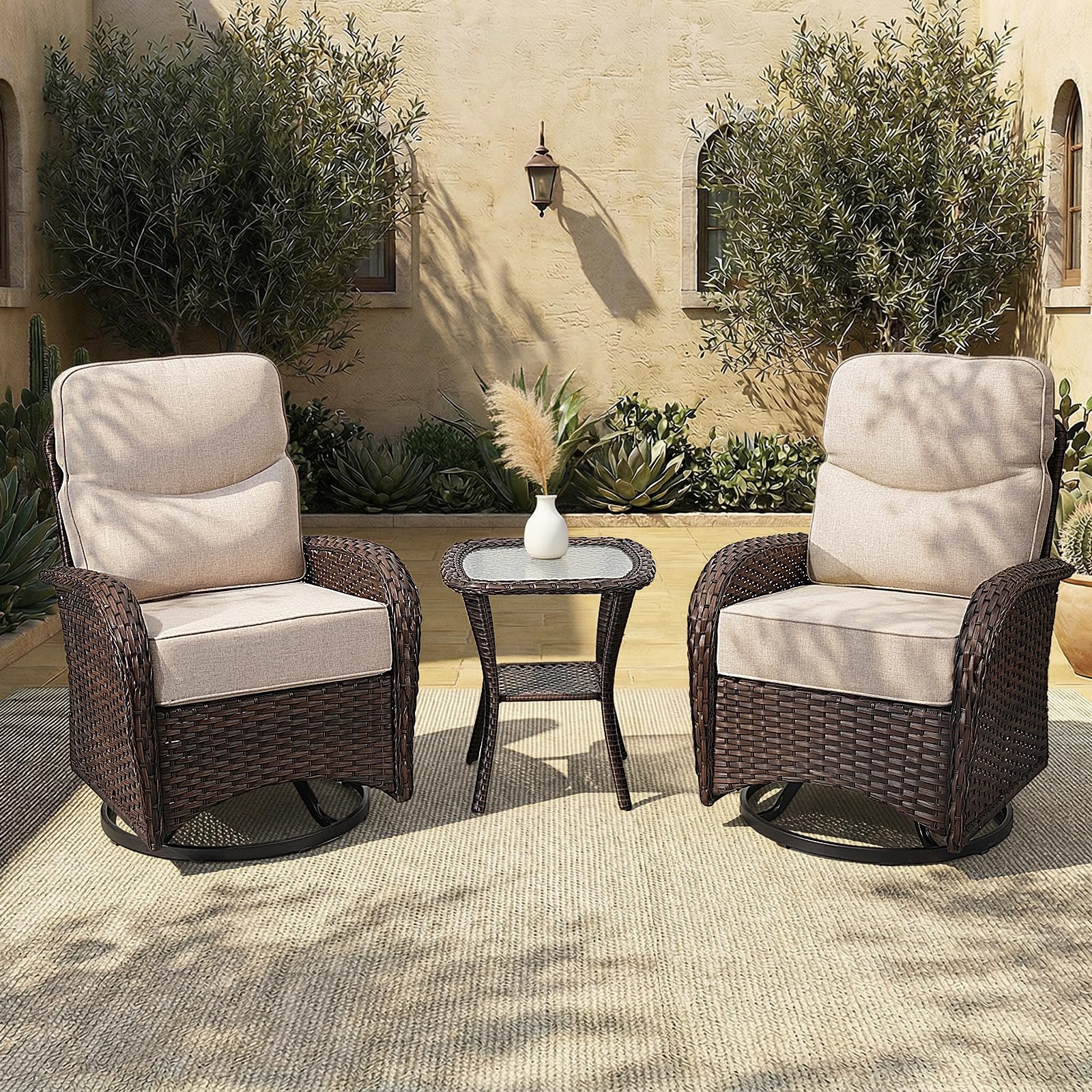 View 1 of ***SIMULAR ITEM/ONLY 1 CHAIR*** AOUKI Patio Furniture Set with Luxury 6" Cushions, 3 Pieces Swivel Rocking Patio High Back Chairs, Outdoor Wicker Bistro Conversation Set for Balcony, Porch, Backyard, Poolside, Beige