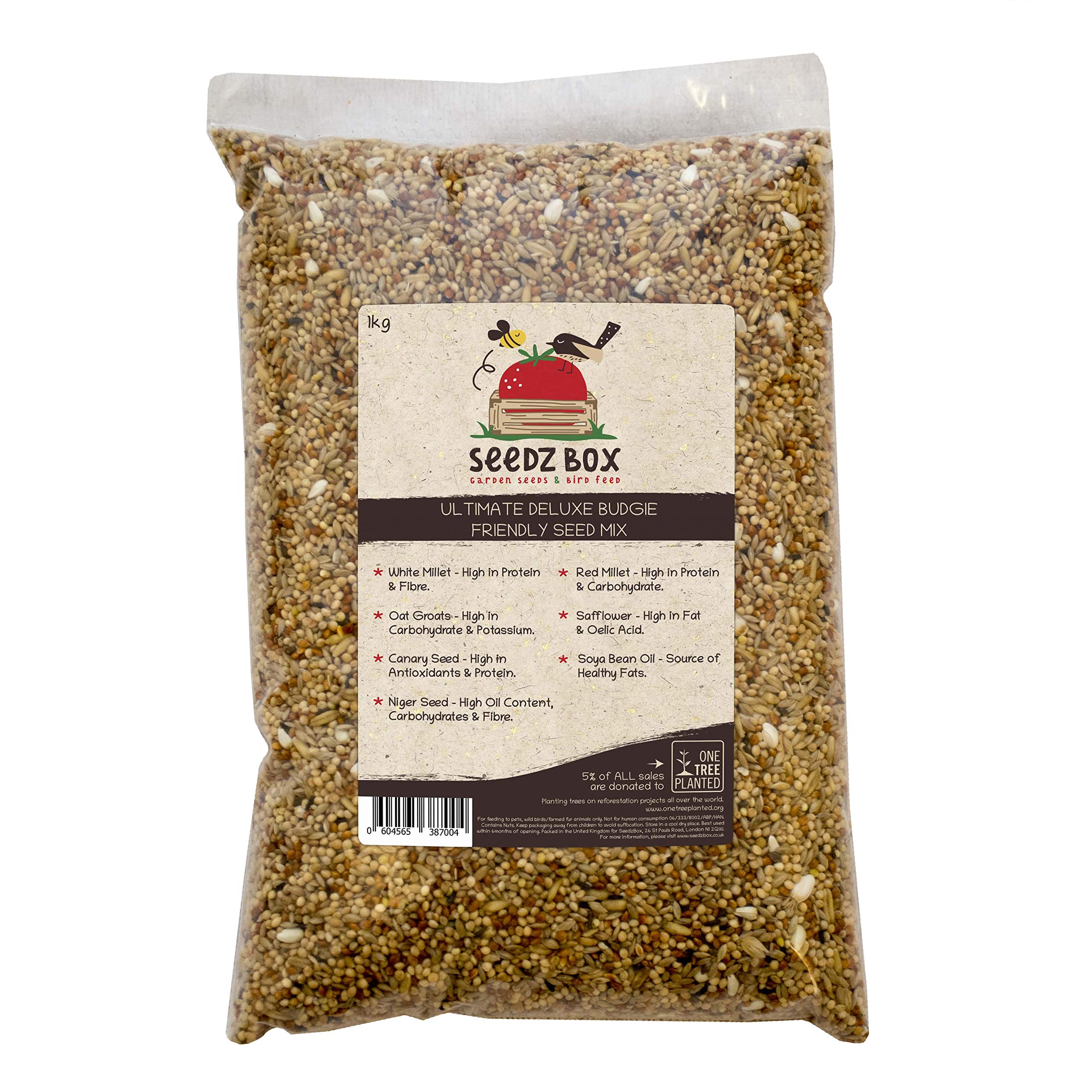 Budgie Food Seed Feed Mix 1kg - Natural Healthy Treats and Snacks for Pet Budgerigars - SeedzBox - Red Millet, Canary and Niger Seeds - Protein and Fibre - Donation to OneTreePlanted